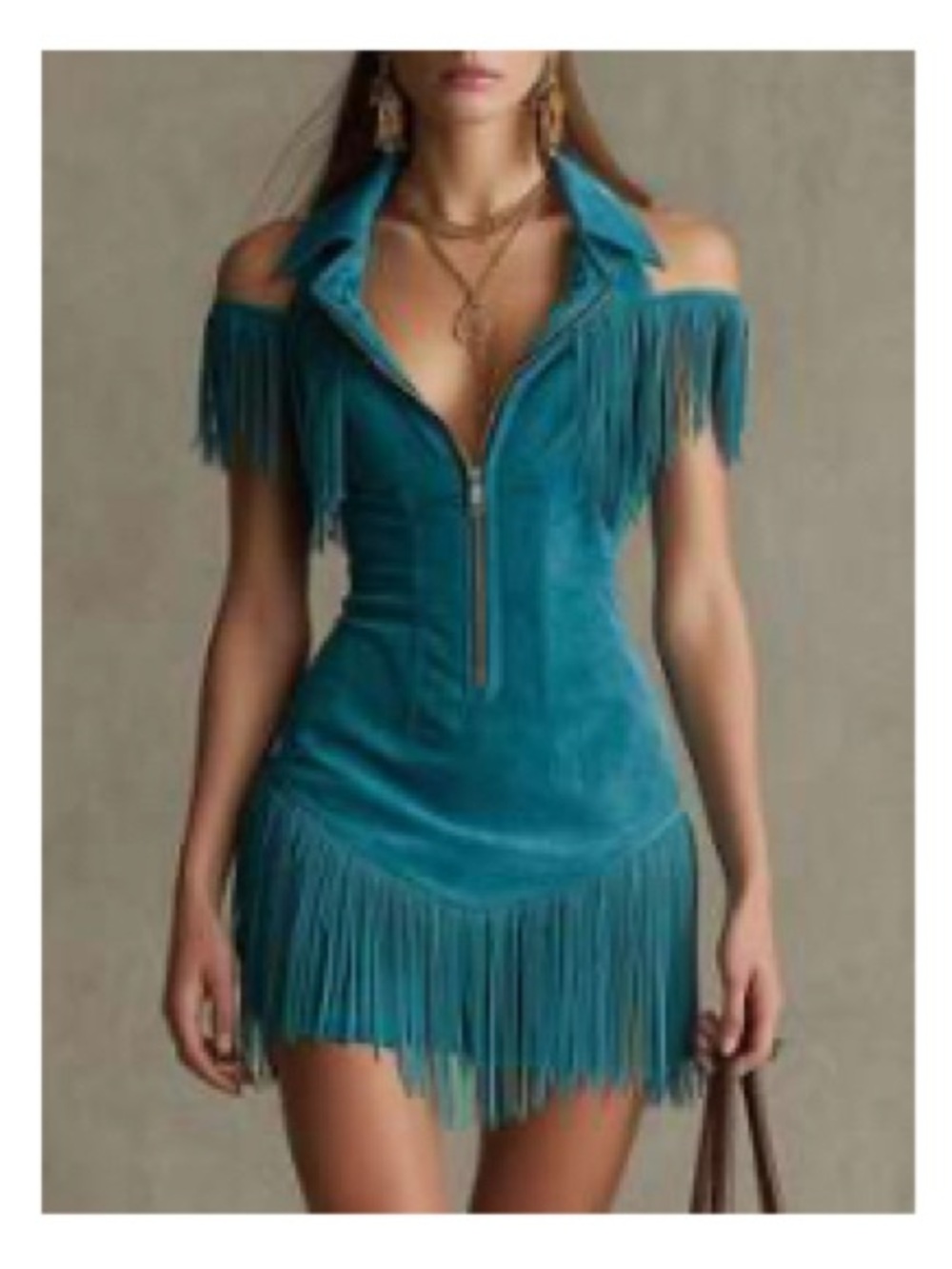 Teal Fringe Off-Shoulder Mini Dress with Zip Front